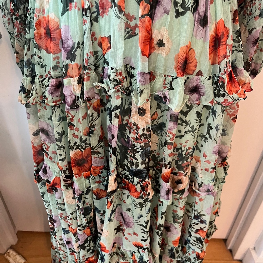 NWOT BHLDN Romantic Mint Floral Chiffon Plunge Long-Sleeve Ruffle Maxi Dress - Picture 9 of 12